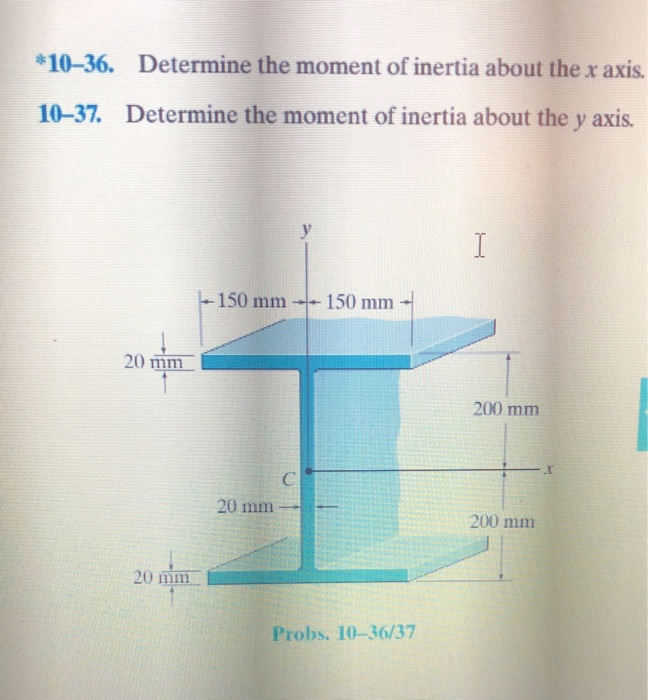 *10-36. Determine the moment of inertia about the x axis.
10-37. Determine the moment of inertia about the y axis.
20 mm
20 mm
-150 mm 14
20 mm
y
C
- 150 mm
Probs. 10-36/37
I
200 mm
200 mm
X