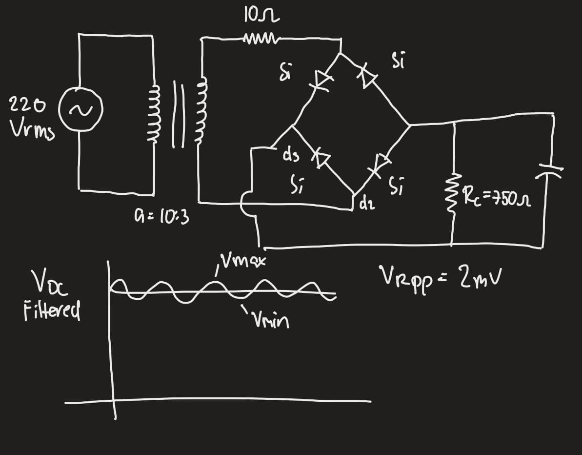 220
Vrms
~
Voc
Filtered
9= 10:3
10л
Vmax
Si
ds
Si
'Vmin
d2
Si
Si
R₂=750
Vrpp= 2mv