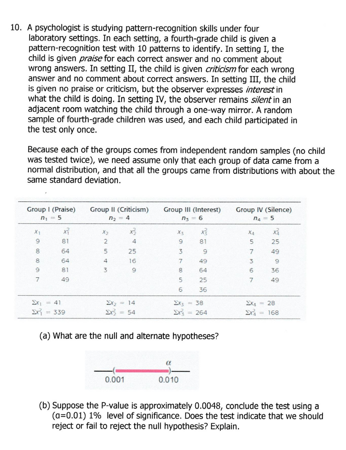 10. A psychologist is studying pattern-recognition skills under four
laboratory settings. In each setting, a fourth-grade child is given a
pattern-recognition test with 10 patterns to identify. In setting I, the
child is given praise for each correct answer and no comment about
wrong answers. In setting II, the child is given criticism for each wrong
answer and no comment about correct answers. In setting III, the child
is given no praise or criticism, but the observer expresses interest in
what the child is doing. In setting IV, the observer remains silent in an
adjacent room watching the child through a one-way mirror. A random
sample of fourth-grade children was used, and each child participated in
the test only once.
Because each of the groups comes from independent random samples (no child
was tested twice), we need assume only that each group of data came from a
normal distribution, and that all the groups came from distributions with about the
same standard deviation.
Group I (Praise)
Group II (Criticism)
Group III (Interest)
Group IV (Silence)
n, = 5
n2 = 4
n3 = 6
n4 = 5
X1
X2
x3
X3
X4
6.
81
4
9.
81
25
8
64
25
6.
7
49
8
64
16
49
9.
6.
81
9.
8.
64
6.
36
49
25
7.
49
6.
36
Ex1
= 41
Ex2
= 14
Ex3
= 38
EX4
28
339
54
= 264
= 168
(a) What are the null and alternate hypotheses?
0.001
0.010
(b) Suppose the P-value is approximately 0.0048, conclude the test using a
(a=0.01) 1% level of significance. Does the test indicate that we should
reject or fail to reject the null hypothesis? Explain.
1254 3
