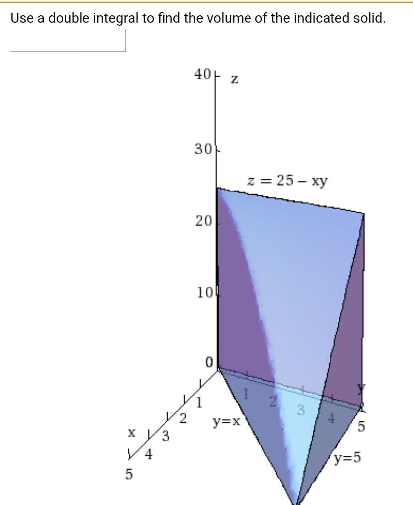 Use a double integral to find the volume of the indicated solid.
40F z
30
z = 25 – xy
10
y=x
5
х уз
4
y=5
20
