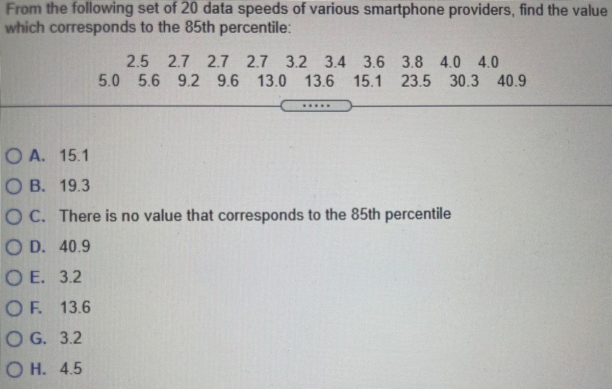 From the following set of 20 data speeds of various smartphone providers, find the value
which corresponds to the 85th percentile:
2.5 2.7 2.7 27 3.2 3.4 3.6 3.8 4.0 4.0
5.0 56 9.2 9.6 13.0 13.6 15.1 23 5
30.340.9
O A. 15.1
O B. 19.3
O C. There is no value that corresponds to the 85th percentile
O D. 40.9
O E. 3.2
OF 13.6
O G. 3.2
O H. 4.5
