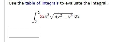 Use the table of integrals to evaluate the integral.
2
²53x
53x³√√4x² - x4 dx