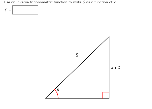 Use an inverse trigonometric function to write 0 as a function of x.
X+2
