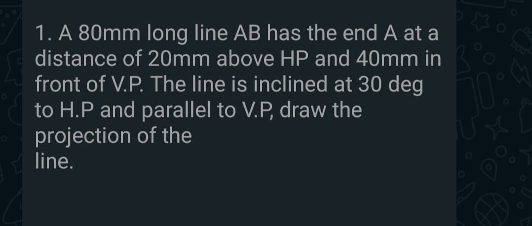 1. A 80mm long line AB has the end A at a
distance of 20mm above HP and 40mm in
front of V.P. The line is inclined at 30 deg
to H.P and parallel to V.P, draw the
projection of the
line.
urolo
