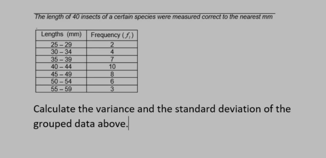 The length of 40 insects of a certain species were measured correct to the nearest mm
Lengths (mm)
Frequency (f;)
25 - 29
30 - 34
35 - 39
40 – 44
45- 49
50- 54
55-59
4
10
8.
6.
Calculate the variance and the standard deviation of the
grouped data above.
