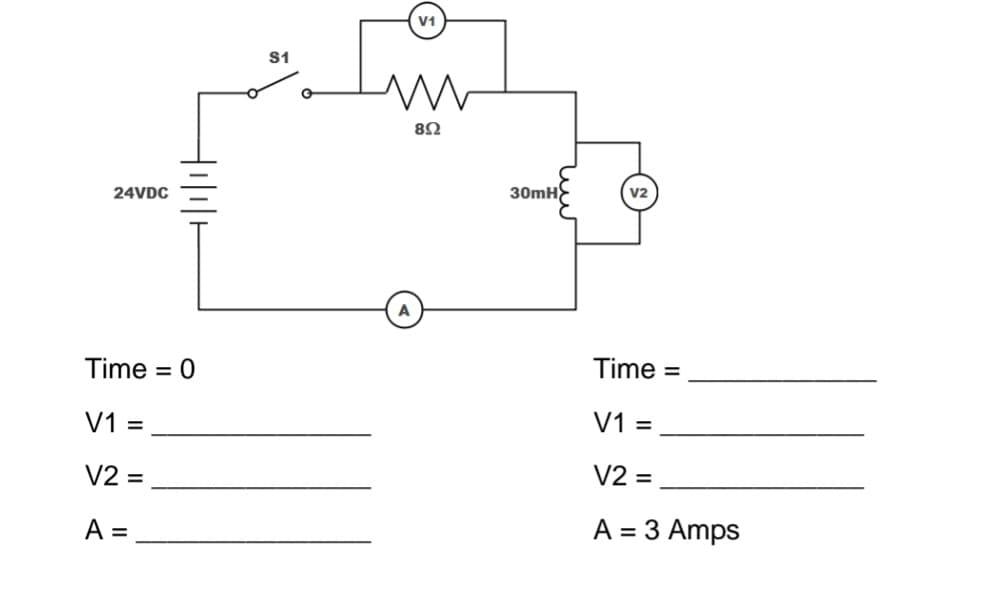V1
S1
8Ω
30mH
v2
24VDC
A
Time =
Time
= 0
V1 =
V1 =
V2 =
V2 =
A =
A = 3 Amps
