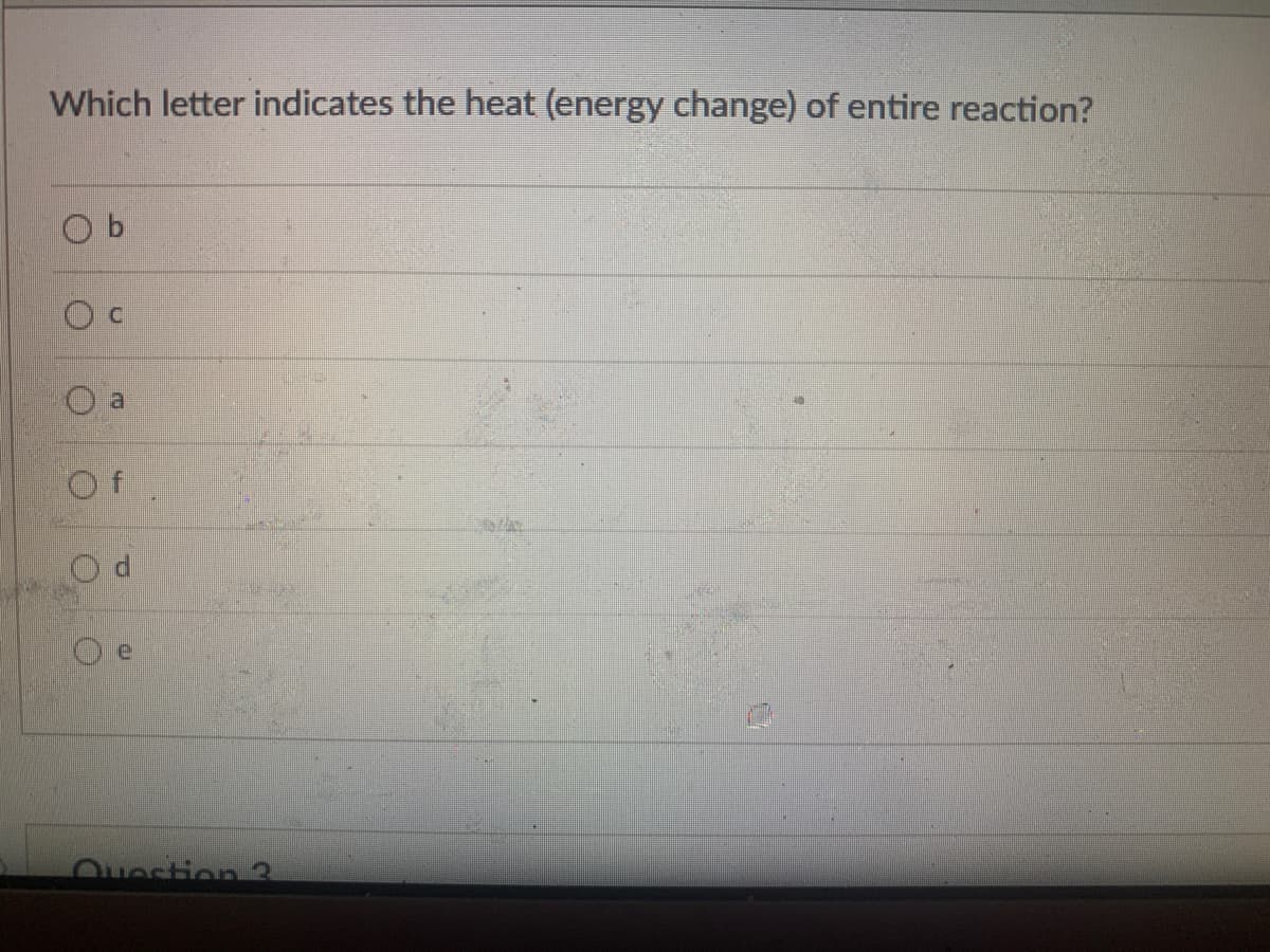 Which letter indicates the heat (energy change) of entire reaction?
O b
O a
Ouestion
