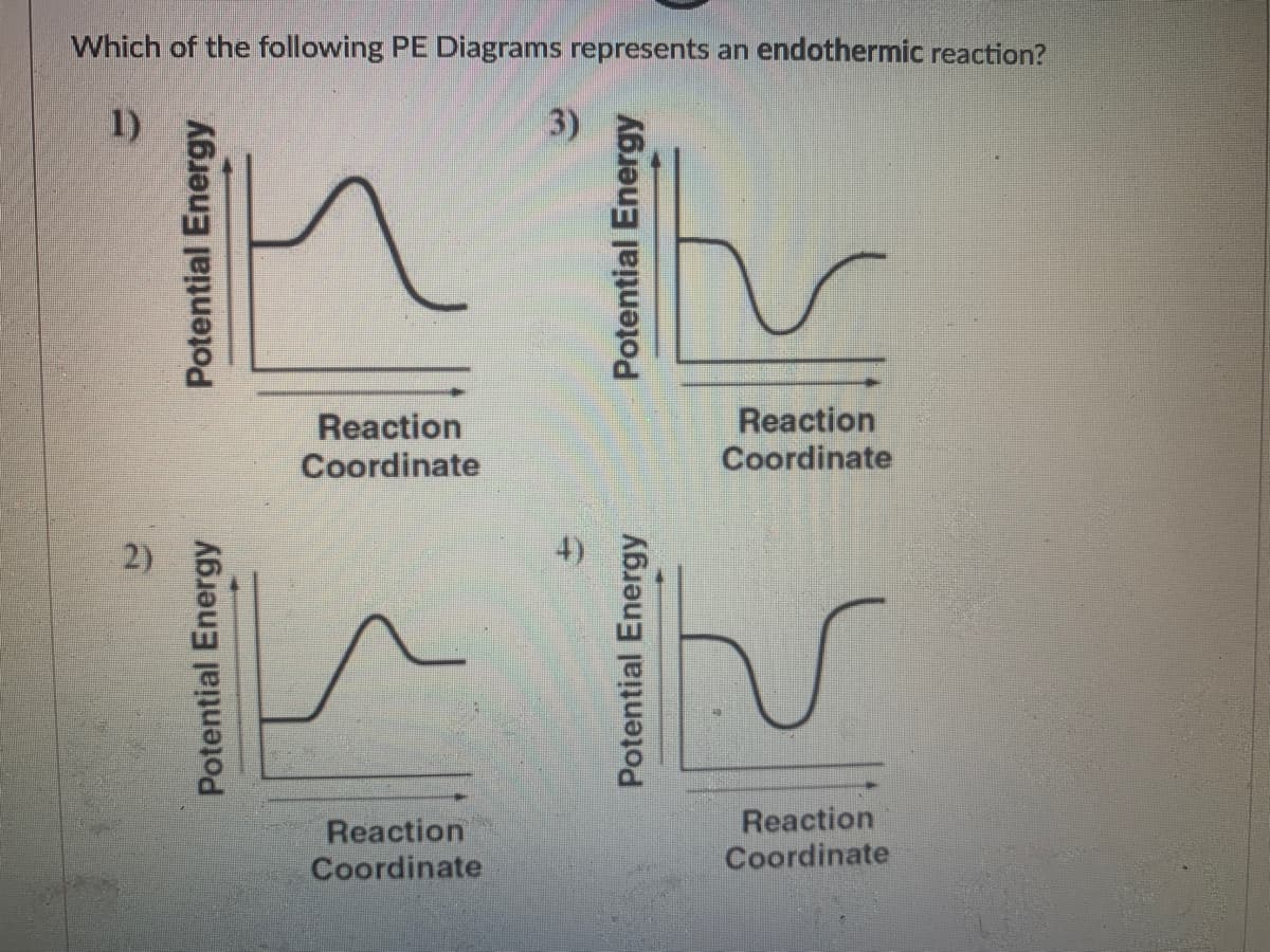 Which of the following PE Diagrams represents an endothermic reaction?
1)
3)
Reaction
Coordinate
Reaction
Coordinate
2)
4)
Reaction
Reaction
Coordinate
Coordinate
Potential Energy
Potential Energy
