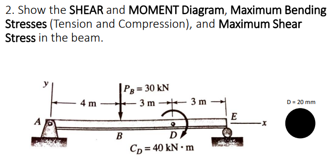 2. Show the SHEAR and MOMENT Diagram, Maximum Bending
Stresses (Tension and Compression), and Maximum Shear
Stress in the beam.
y
PR = 30 kN
3 m 3 m
4 m
D= 20 mm
E
A
В
D
Cp = 40 kN • m
