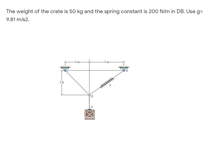 The weight of the crate is 50 kg and the spring constant is 200 N/m in DB. Use g=
9.81 m/s2.
www
