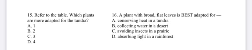 15. Refer to the table. Which plants
are more adapted for the tundra?
A. 1
В. 2
16. A plant with broad, flat leaves is BEST adapted for –
A. conserving heat in a tundra
B. collecting water in a desert
C. avoiding insects in a prairie
D. absorbing light in a rainforest
С.3
D. 4

