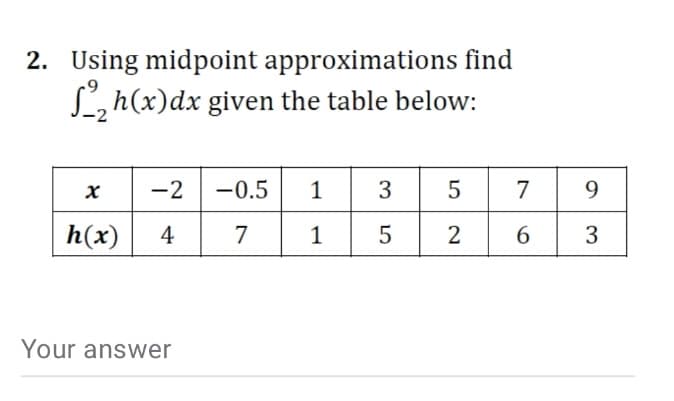 2. Using midpoint approximations find
L,h(x)dx given the table below:
-2 -0.5
1
3
7
9.
h(x)
4
7
1
5
6
3
Your answer
