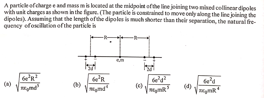 A particle of charge e and mass m is located at the midpoint ofthe line joining two mixed collinear dipoles
with unit charges as shown in the figure. (The particle is constrained to move only along the line joining the
dipoles). Assuming that the length ofthe dipoles is much shorter than their separation, the natural fre-
quency ofoscillation of the particle is
e,m
2d
2d
6e?R?
(a)
V negmd³
6e?R
6e?d?
(c)
V TEgmRS
6e?d
(b)
| TIEgmd
(d)
|TEgMR
