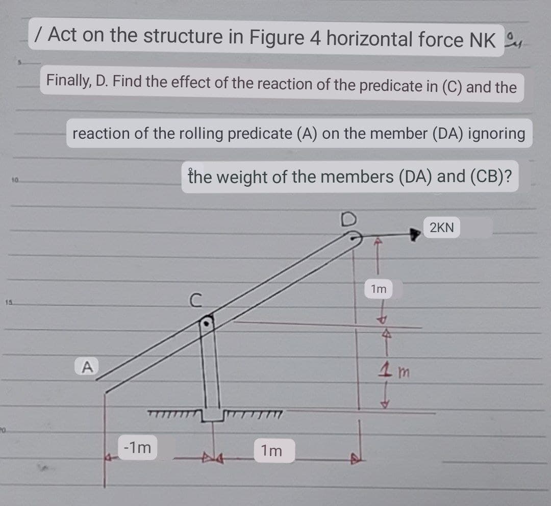 10.
15.
20.
/ Act on the structure in Figure 4 horizontal force NK
Finally, D. Find the effect of the reaction of the predicate in (C) and the
reaction of the rolling predicate (A) on the member (DA) ignoring
the weight of the members (DA) and (CB)?
2KN
1m
C
A
-1m
1m
4
1m