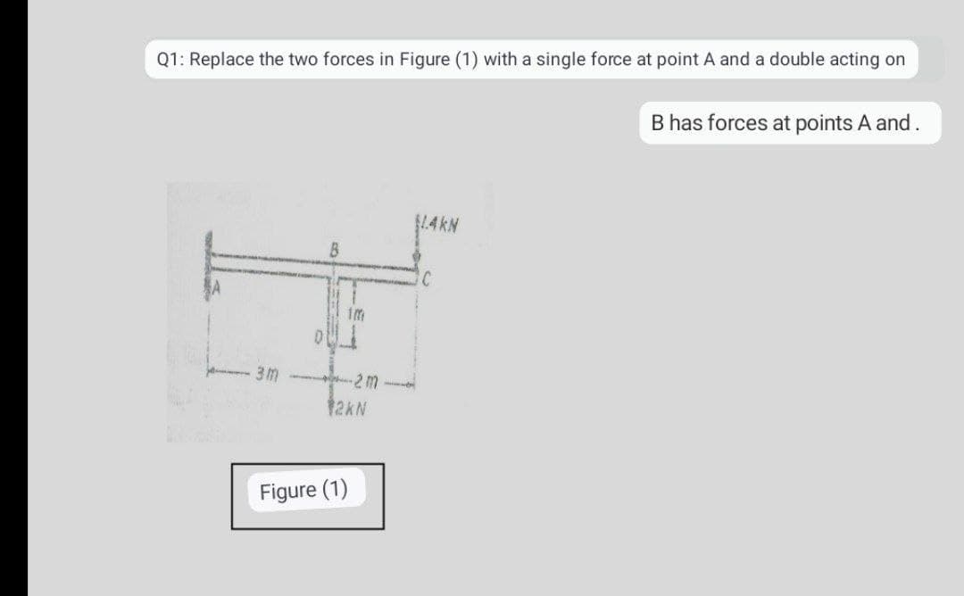 Q1: Replace the two forces in Figure (1) with a single force at point A and a double acting on
B has forces at points A and.
B
3M
Figure (1)
1m
2 M
12KN