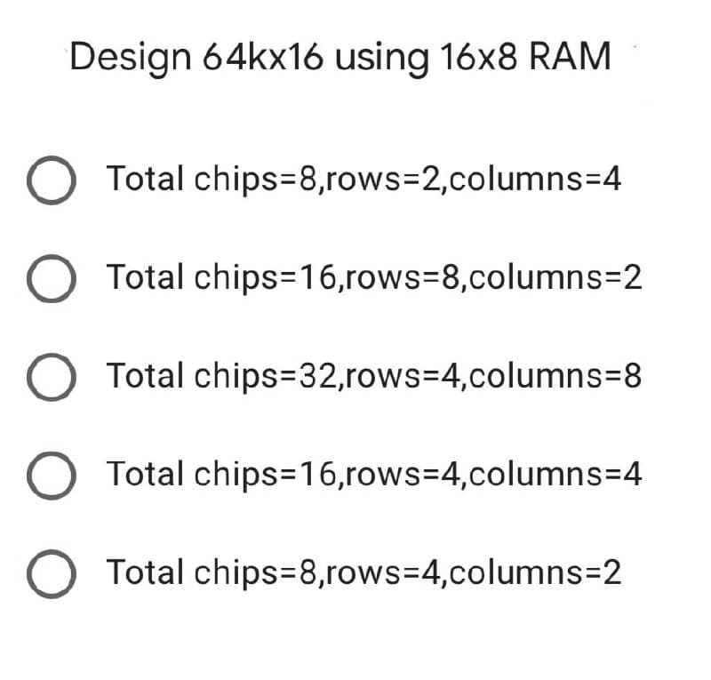 Design 64kx16 using 16x8 RAM
O Total chips-8,rows=2,columns-4
O Total
chips=16,rows=8,columns=2
O Total chips-32,rows=4,columns=8
O Total chips=16,rows=4,columns-4
O Total chips-8,rows=4,columns=2