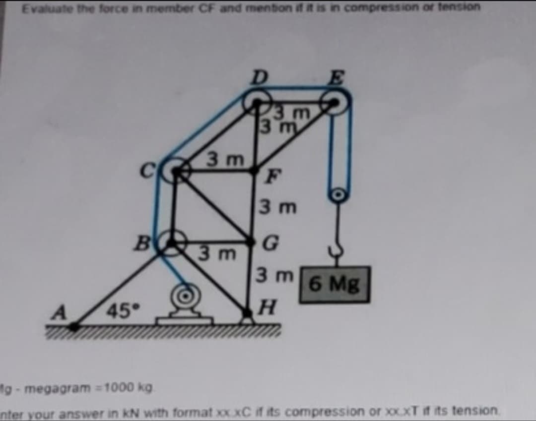 Evaluate the force in member CF and mention if it is in compression or tension
3 m
B 3 m
45°
23 m
3 m
F
3 m
G
3 m 6 Mg
H
g-megagram = 1000 kg.
nter your answer in KN with format xx xC if its compression or xxxT if its tension.