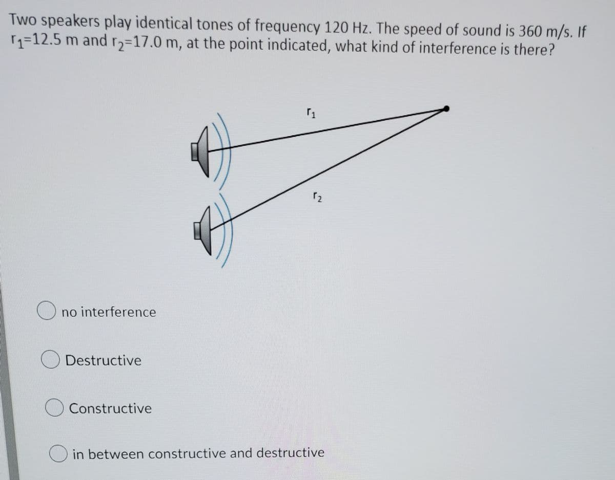 Two speakers play identical tones of frequency 120 Hz. The speed of sound is 360 m/s. If
1=12.5 m and 2=17.0 m, at the point indicated, what kind of interference is there?
O no interference
Destructive
Constructive
in between constructive and destructive
