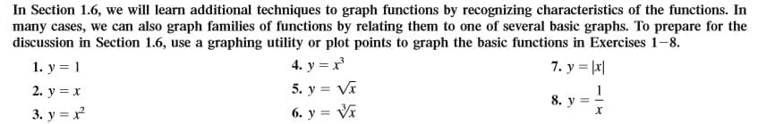 In Section 1.6, we will learn additional techniques to graph functions by recognizing characteristics of the functions. In
many cases, we can also graph families of functions by relating them to one of several basic graphs. To prepare for the
discussion in Section 1.6, use a graphing utility or plot points to graph the basic functions in Exercises 1-8.
1. у %3D 1
4. y = x
7. y = |x|
2. у %3Dх
5. y = Vĩ
8. у
3. y = x
6. y = V
