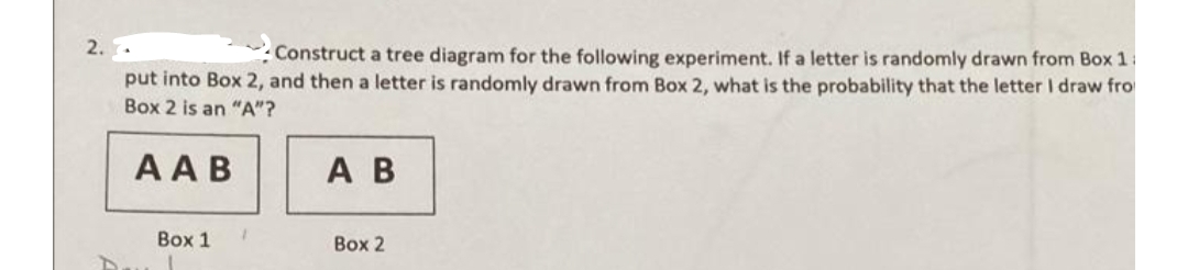 2.
- Construct a tree diagram for the following experiment. If a letter is randomly drawn from Box 1 :
put into Box 2, and then a letter is randomly drawn from Box 2, what is the probability that the letter I draw fro
Box 2 is an "A"?
АА В
А В
Box 1
Box 2
