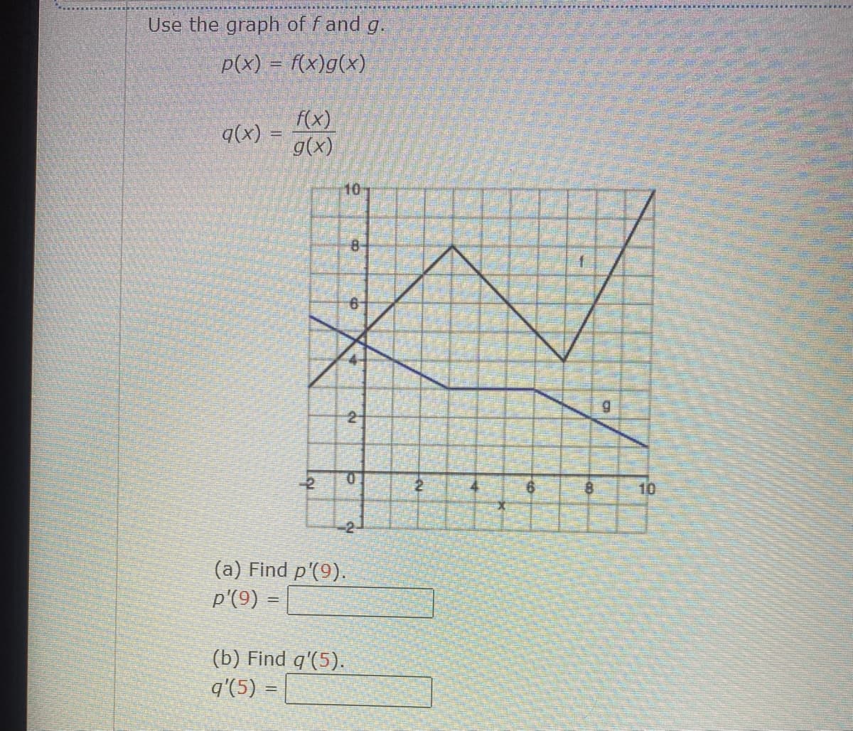 Use the graph of f and g.
p(x) = f(x)g(x)
g(x) =
f(x)
g(x)
10-
8-
6
12-
2
(a) Find p'(9).
p'(9) =
(b) Find q'(5).
q'(5) =
-2-
2
X
1
8
10