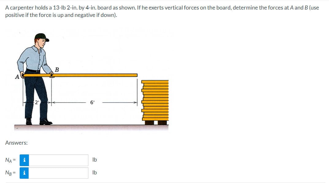 A carpenter holds a 13-lb 2-in. by 4-in. board as shown. If he exerts vertical forces on the board, determine the forces at A and B (use
positive if the force is up and negative if down).
A
Answers:
NA =
NB =
i
i
2¹
B
lb
lb