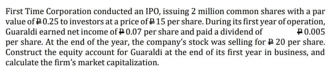 First Time Corporation conducted an IPO, issuing 2 million common shares with a par
value of P0.25 to investors at a price of P15 per share. During its first year of operation,
Guaraldi earned net income of P 0.07 per share and paid a dividend of
per share. At the end of the year, the company's stock was selling for P 20 per share.
Construct the equity account for Guaraldi at the end of its first year in business, and
calculate the firm's market capitalization.
P0.005
