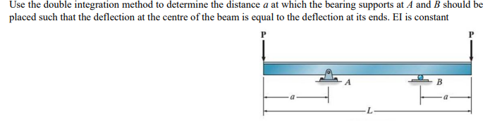 Use the double integration method to determine the distance a at which the bearing supports at A and B should be
placed such that the deflection at the centre of the beam is equal to the deflection at its ends. El is constant
В
