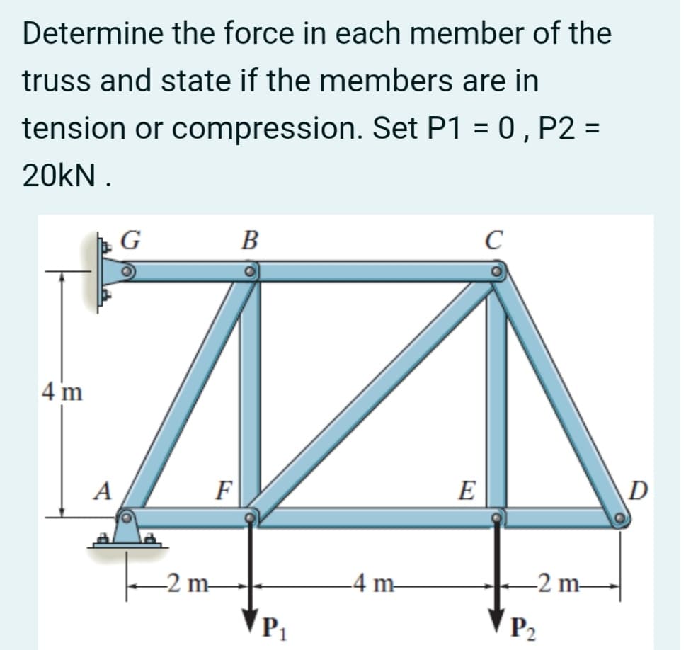 Determine the force in each member of the
truss and state if the members are in
tension or compression. Set P1 = 0, P2 =
%3D
20kN .
G
В
C
4 m
A
F
E
D
-2 m-
4 m-
-2 m-
P1
P2
