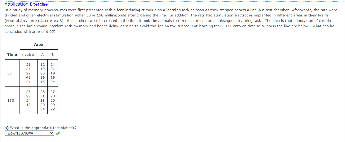 Application Exercise:
In a study of memory process, rats were first presented with a fear-inducing stimulus on a learning task as soon as they stepped across a line in a test chamber. Afterwards, the rats were
divided and given electrical stimulation either 50 or 150 milliseconds after crossing the line. In addition, the rats had stimulation electrodes implanted in different areas in their brains
(Neutral Area, Area A, or Area B). Researchers were interested in the time it took the animals to re-cross the line on a subsequent learning task. The idea is that stimulation of certain
areas in the brain would interfere with memory and hence delay learning to avoid the line on the subsequent learning task. The data on time to re-cross the line are below. What can be
concluded with an a of 0.05?
Area
Time
neutral
A
В
26
12
24
31
19
31
50
29
25
19
41
19
29
21
15
24
26
26
27
29
31
20
150
24
38
29
18
30
29
33
24
22
a) What is the appropriate test statistic?
Two-Way ANOVA
