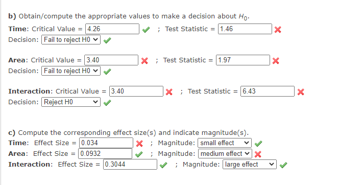 b) Obtain/compute the appropriate values to make a decision about Ho.
Time: Critical Value = 4.26
Decision: Fail to reject H0 ♥
; Test Statistic = 1.46
Area: Critical Value = 3.40
Decision: Fail to reject H0 v
X ; Test Statistic = 1.97
Interaction: Critical Value
= 3.40
X ; Test Statistic = 6.43
Decision: Reject H0
c) Compute the corresponding effect size(s) and indicate magnitude(s).
Time: Effect Size = 0.034
Area: Effect Size = 0.0932
Interaction: Effect Size = 0.3044
X ; Magnitude: [small effect
V ; Magnitude: medium effect vx
; Magnitude: large effect
