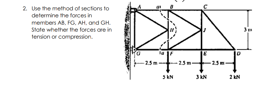 2. Use the method of sections to
determine the forces in
members AB, FG, AH, and GH.
State whether the forces are in
3 m
tension or compression.
la JF
- 2.5 m
- 2.5 m -
- 2.5 m
5 kN
3 kN
2 kN
