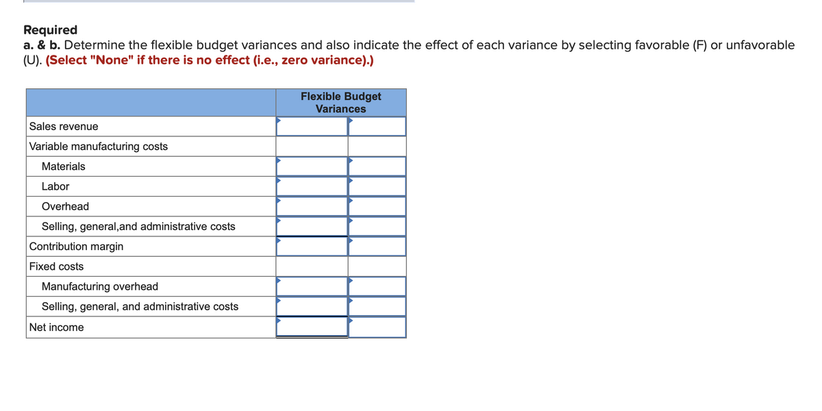 Required
a. & b. Determine the flexible budget variances and also indicate the effect of each variance by selecting favorable (F) or unfavorable
(U). (Select "None" if there is no effect (i.e., zero variance).)
Flexible Budget
Variances
Sales revenue
Variable manufacturing costs
Materials
Labor
Overhead
Selling, general,and administrative costs
Contribution margin
Fixed costs
Manufacturing overhead
Selling, general, and administrative costs
Net income
