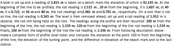 A level is set up and a reading of 2.815 m is taken on a bench mark the elevation of which is 92.145 m. At the
beginning of the line to be profiled, the rod reading is 2.515 m.; 20 m from the beginning, it is 1.607 m; at 40
m, it is 0.722; at 56 m and 80 m, the rod readings are1.481 m and 0.792 m., respectively. On a rock that is not
on line, the rod reading is 0.565 m. The level is then removed ahead, set up and a rod reading of 1.952 m is
observe, the rod still being held on the rock. The readings along the profile are then resumed: 100 m from the
beginning of the line, the rod reading is 1.159 m; 120 m from the beginning of the line rod reading is 1.534 m;
finally, 160 m from the beginning of the line the rod reading is 2.196 m. From following description above
make a complete form of profile level notes and compute the elevation at the point 100 m from the beginning
of the line, the elevation of the turning point, and the difference in elevation of the beach mark and to the last
station.
