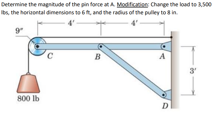 Determine the magnitude of the pin force at A. Modification: Change the load to 3,500
Ibs, the horizontal dimensions to 6 ft, and the radius of the pulley to 8 in.
4'
4'
9"
B
А
3'
800 lb
D

