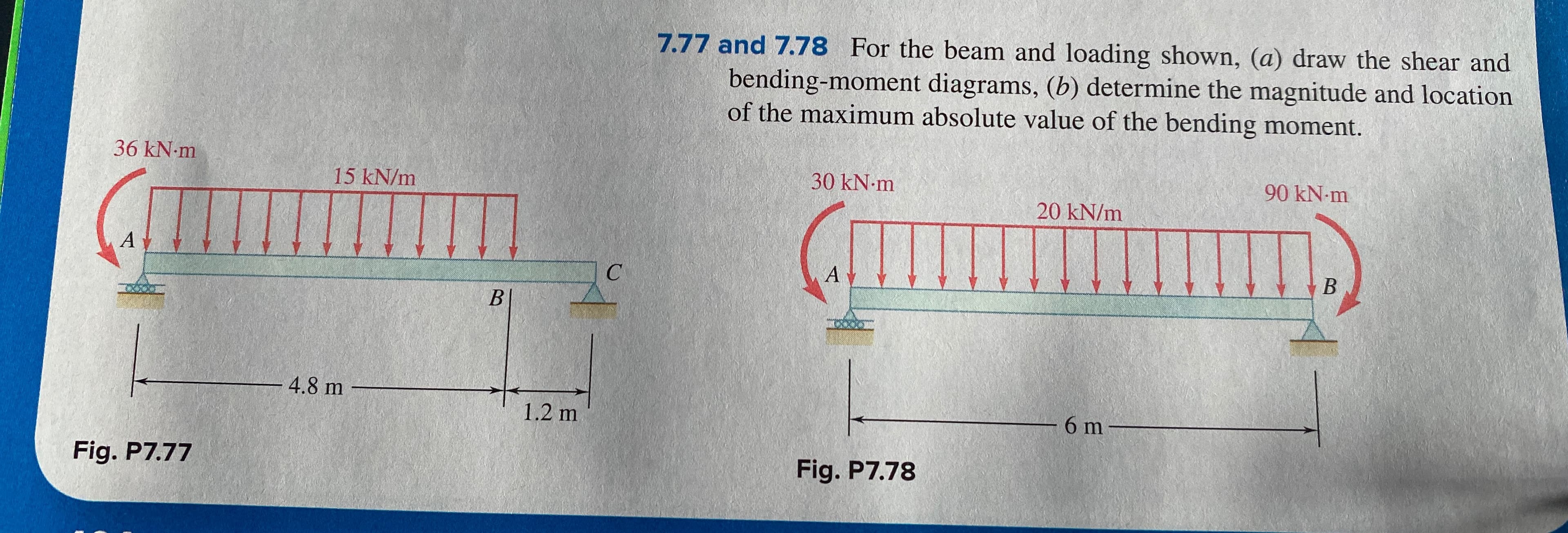 7.77 and 7.78 For the beam and loading shown, (a) draw the shear and
bending-moment diagrams, (b) determine the magnitude and location
of the maximum absolute value of the bending moment.
