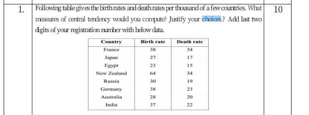 1. Following table gives the birth rates and death rates per thousand of a few courtries. What 10
masures of central tedency would you compute? Justify your choices.? Add last two
digits of your registration rumber with below data.
Country
Birth rate
Death rate
France
38
34
Jарan
27
17
Egypt
23
15
New Zealand
64
34
Russia
30
19
Germany
38
23
Australia
28
20
India
37
22

