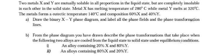 Two metals X and Y are mutually soluble in all proportions in the liquid state, but are completely insoluble
in each other in the solid state. Metal X has melting temperature of 280° C while metal Y melts at 320°C.
The metals forms a eutectic temperature 140°C and composition 60% X and 40%Y.
a) Draw the binary X - Y phase diagram, and label all the phase fields and the phase transformation
lines.
b) From the phase diagram you have drawn describe the phase transformations that take place when
the following two alloys are cooled from the liquid state to solid state under equilibrium conditions.
i)
An alloy containing 20% X and 80%Y.
An alloys containing 80%X and 20%Y.
ii)