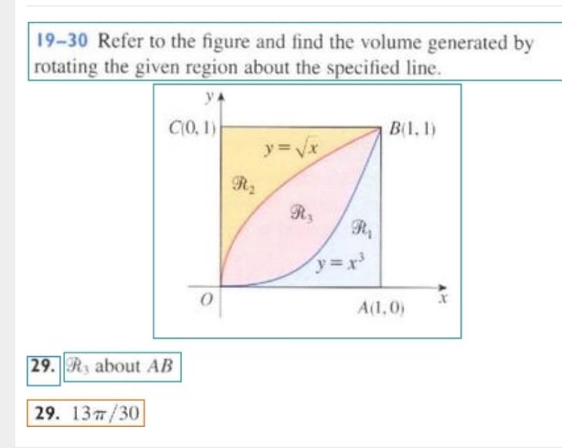 19-30 Refer to the figure and find the volume generated by
rotating the given region about the specified line.
yA
C(O, 1)
B(1, 1)
y=Vx
R2
R
A(1,0)
29. R about AB
29. 13п/30
