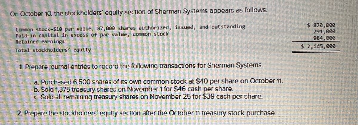 On October 10, the stockholders' equity section of Sherman Systems appears as follows.
Common stock-$18 par value, 87,000 shares authorized, issued, and outstanding
Paid-in capital in excess of par value, common stock
Retained earnings
Total stockholders' equity
1. Prepare Journal entries to record the following transactions for Sherman Systems.
a. Purchased 6,500 shares of its own common stock at $40 per share on October 11.
b. Sold 1,375 treasury shares on November 1 for $46 cash per share.
c. Sold all remaining treasury shares on November 25 for $39 cash per share.
2. Prepare the stockholders' equity section after the October 11 treasury stock purchase.
$ 870,000
291,000
984,000
$ 2,145,000