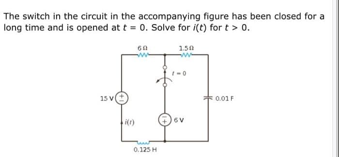 The switch in the circuit in the accompanying figure has been closed for a
long time and is opened at t = 0. Solve for i(t) fort > 0.
60
1.50
ww
15 vE
0.01 F
i(t)
+)6 V
0.125 H
