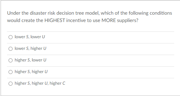 Under the disaster risk decision tree model, which of the following conditions
would create the HIGHEST incentive to use MORE suppliers?
lower S, lower U
lower S, higher U
O higher S, lower U
O higher S, higher U
O higher S, higher U, higher C