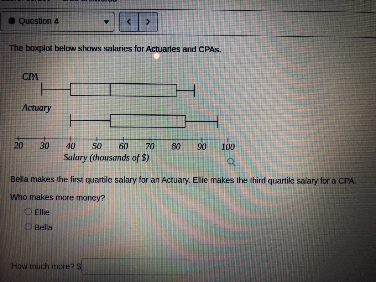Question 4
The boxplot below shows salaries for Actuaries and CPAS.
CPA
H
Actuary
20
30
>
40 50 60 70 80 90
Salary (thousands of $)
How much more? $
100
Q
Bella makes the first quartile salary for an Actuary. Ellie makes the third quartile salary for a CPA.
Who makes more money?
Ellie
Bella