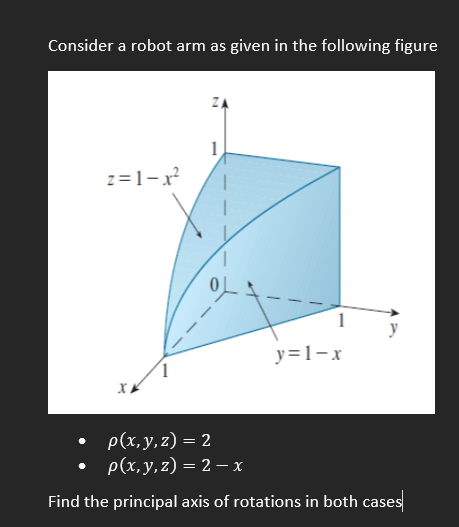 Consider a robot arm as given in the following figure
ZA
1
z=1-x
y=1-x
p(x, у, z) 3D 2
p(x, у, 2) — 2 — х
Find the principal axis of rotations in both cases
