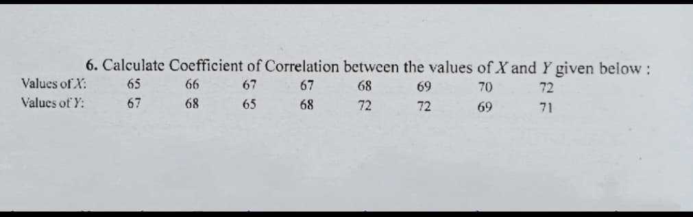 6. Calculate Coefficient of Correlation between the values of X and Y given below:
Values of X:
Values of Y:
65
66
67
67
68
69
70
72
67
68
65
68
72
72
69
71
