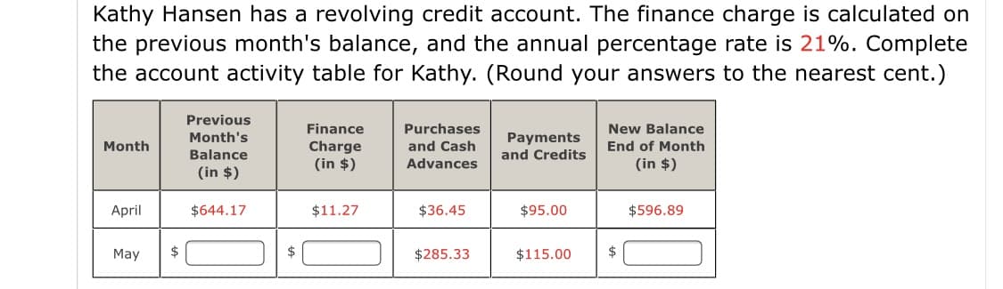 Kathy Hansen has a revolving credit account. The finance charge is calculated on
the previous month's balance, and the annual percentage rate is 21%. Complete
the account activity table for Kathy. (Round your answers to the nearest cent.)
Previous
Finance
Purchases
New Balance
Month's
Payments
and Credits
Month
Charge
(in $)
and Cash
End of Month
Balance
Advances
(in $)
(in $)
April
$644.17
$11.27
$36.45
$95.00
$596.89
May
$
$285.33
$115.00
