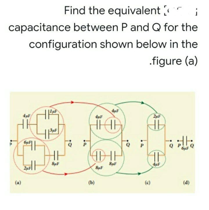 Find the equivalent
capacitance between P and Q for the
configuration shown below in the
.figure (a)
ApF
4µF
2uF
3µF
SuF
SuF
SuF
(a)
(b)
(c)
(d)
