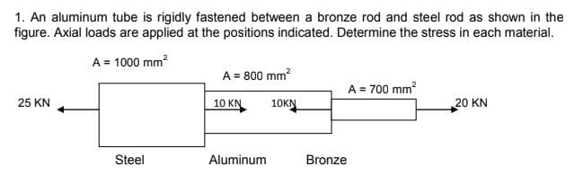 1. An aluminum tube is rigidly fastened between a bronze rod and steel rod as shown in the
figure. Axial loads are applied at the positions indicated. Determine the stress in each material.
A = 1000 mm?
A = 800 mm?
A = 700 mm?
10 KN
25 KN
10KN
20 KN
Steel
Aluminum
Bronze
