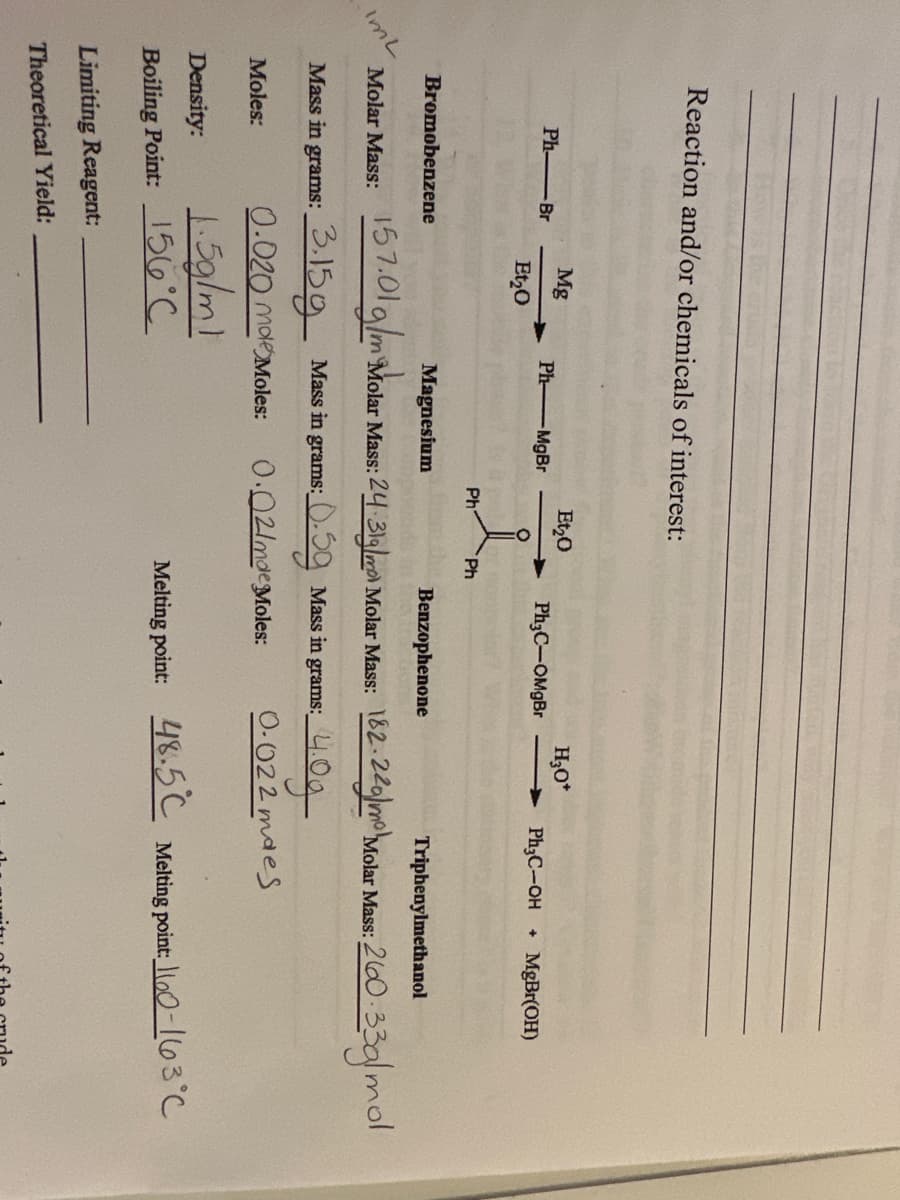 Reaction and/or chemicals of interest:
ImL
Ph-Br
Bromobenzene
Mg
Et₂0
Moles:
Ph-MgBr
Molar Mass:
Mass in grams: 3.159 Mass in grams:
0.020 mole Moles:
Density:
1.5g/m1
Boiling Point: 156°C
Limiting Reagent:
Theoretical Yield:
Ph
Et₂0
Ph
Ph₂C-OMgBr
Magnesium
Benzophenone
Triphenylmethanol
157.01 g/m Molar Mass: 24:3ly/mro Molar Mass: 182-220) Molar Mass: 2600-33g/mol
H₂O*
5: 0.5g Mass in grams:
0.02/mde Moles:
Ph3C-OH +
MgBr(OH)
4.0g
0.022 maes
Melting point: 48.5 Melting point: 1100-13°C