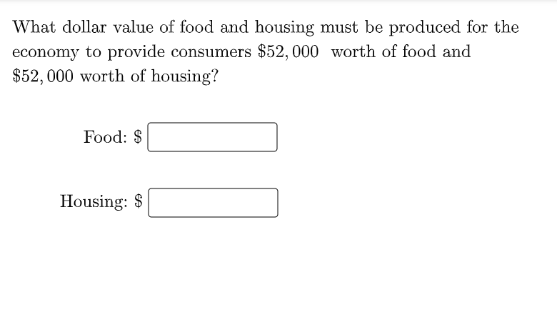 What dollar value of food and housing must be produced for the
economy to provide consumers $52, 000 worth of food and
$52, 000 worth of housing?
Food: $
Housing: $
